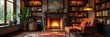 © Jame - Cozy living room with warm lighting, featuring a fireplace, comfortable armchair, and bookshelves filled with books  Perfect for relaxation and family time ,  home decor,  comfortable seating