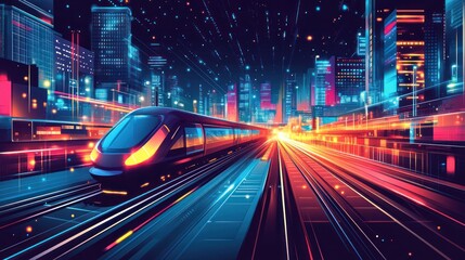 Wall Mural - futuristic train in vibrant city at night. possible stock photo use high-speed transportation, moder