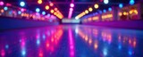 Roller rink with colorful lights reflecting on the smooth floor, dark, pattern