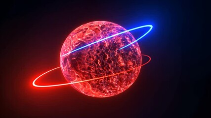 Glowing Red Sphere With Blue And Red Orbiting Rings Against A Black Background