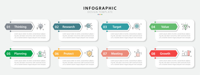 Fototapete - Timeline Creator infographic template. 8 Step timeline journey, calendar Flat simple infographics design template. presentation graph. Business concept with 8 options, gantt vector illustration.