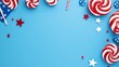© Andisucijaya - Festive patriotic candy and decorations on a vibrant blue background.