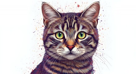  Colorful Tabby Cat Portrait with Dripping Paint Effect Isolated by White Screen Background Detailed Painterly Style with Vivid Hues and Expressive Green Eyes a Striking Artistic Animal Composition