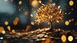 © ADD PHOTO - A lush golden tree with shimmering leaves stands rooted amidst a shower of sparkling light symbolizing abundance wealth and financial growth