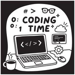 Coding time concept illustration with laptop, coffee cup, and programming symbols in doodle style.