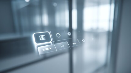 Futuristic interface display with digital buttons on transparent glass background.