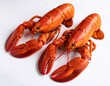 © Betty - Two vibrant cooked lobsters ready to enjoy. Two cleaned lobsters with claws intact, arranged side-by-side on a pristine white surface