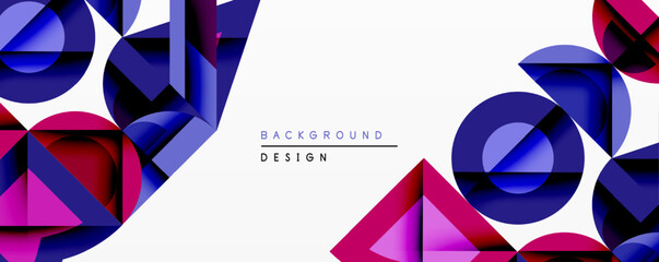 Fototapete - Abstract geometric composition. Overlapping circles, triangles create dynamic visual effect. Deep blues, vibrant reds dominate white space. Modern design element.
