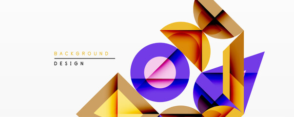 Poster - Abstract geometric composition. Overlapping shapes create dynamic visual effect. Bright colorspurple, yellow, golddominate design. Modern aesthetic, clean lines, minimalist style.