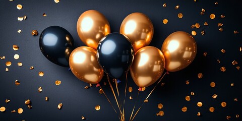 Wall Mural - Birthday frame with golden and black balloons and confetti, Blank frame on golden balloons