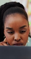 Aufkleber - Laptop, reading and thinking with business black woman in office for creative planning or research. Computer, problem solving and serious with design employee in workplace for administration solution