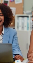 Aufkleber - Laptop, discussion and business women in office with laughing for good news, achievement or goal. Friends, happy and team of female creative designers with meeting for magazine publishing at agency.