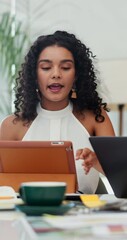 Aufkleber - Tablet, discussion and business women in office with documents for color swatches, ideas or plan. Paperwork, technology and female creative designers with meeting for magazine publishing at agency.