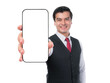 © suphaporn - Smiling Asian businessman showing smartphone screen isolated on a transparent background, blank phone display for app presentation, advertising mockup, digital marketing or communication concept