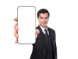 © suphaporn - Confident businessman in black suit showing smartphone with blank screen towards camera, promoting app or digital content, isolated on a transparent background, close-up hand focus