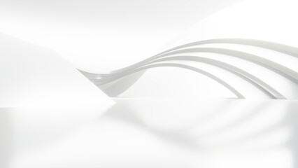Fototapete - Abstract wavy architecture space with empty concrete floor, Soft white sci-fi interior background, 3d rendering