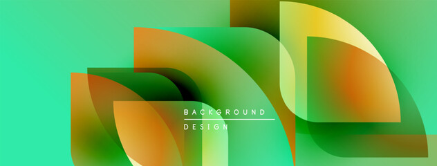 Fototapete - Abstract design features overlapping rounded shapes, vibrant green background, orange accents. Modern aesthetic, simple composition.