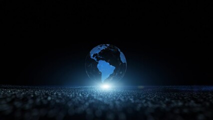 Wall Mural - earth digital planet on dotted waves endless flying with lens flare light.