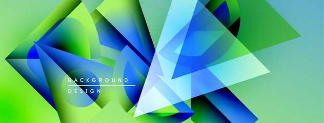 Leinwandbilder - Abstract geometric shapes overlap, creating vibrant gradients. Blue, green hues dominate design, suggesting modern aesthetic. Background text present.