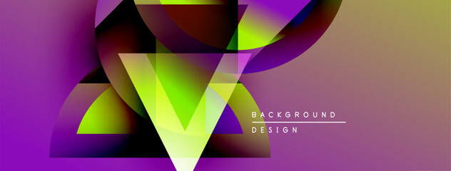 Leinwandbilder - Abstract vibrant design. Geometric shapes overlap, creating dynamic visual effect. Purple, green, yellow hues dominate composition. Modern background texture.