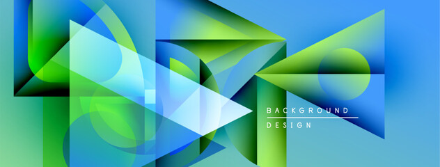 Leinwandbilder - Abstract geometric shapes blend blues, greens. Modern design evokes dynamic energy, visual interest. Background features layered forms, gradients.