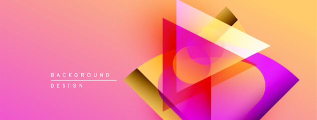 Poster - Abstract geometric shapes overlap, creating vibrant pink, orange gradient. Modern design elements suggest dynamic visual experience.