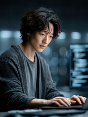 focused programmer: a young man intensely focused on his laptop, his fingers swiftly typing code, il