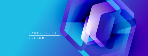 Poster - Abstract geometric shapes overlap vibrant blue gradient. Modern design elements create dynamic visual effect. Background suggests technology, innovation.