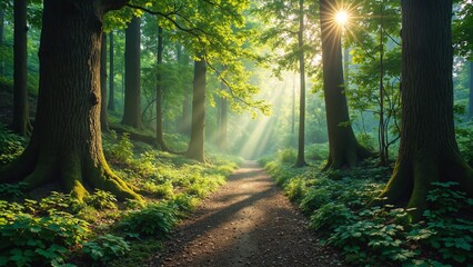 Poster - Enchanted Forest Pathway with Lush Greenery and Mystical Light Ideal for Fantasy Nature