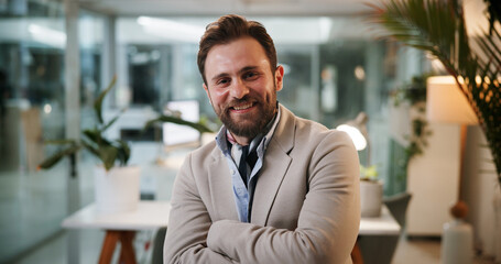 Poster - Crossed arms, night and portrait of businessman in office with confidence for creative career. Smile, overtime and professional happy male magazine editor with pride for journalism in workplace.