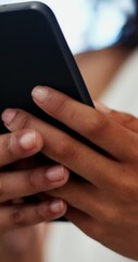 Poster - Phone, hands and businesswoman in office with communication, contact or networking online. Cellphone, closeup and female creative designer with email for client feedback on magazine publishing.