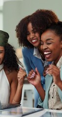 Aufkleber - Laptop, business women and clapping for celebration, success and startup funding. Achievement, excited workers and team applause for good news, winning prize and cheering for goal in creative office