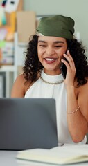 Fototapete - Office, businesswoman and laptop with phone call for talking, schedule reminder and creative agency. Smile, female person and graphic designer with technology for discussion, mobile contact and hello