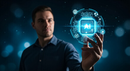 man interacting with ai technology and digital interface in a futuristic setting
