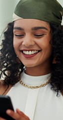 Aufkleber - Home, happy woman and smartphone with meme for laughing, scroll and online connection for message. House, female person and smile with mobile for application, social media and chat on dating website
