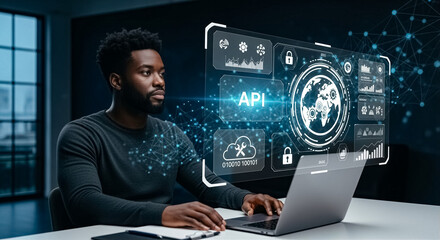 laptop with programmer developing api technology in modern workspace