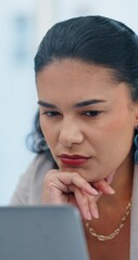 Fototapete - Business, laptop and woman with thinking in office for financial solution, investment and decision. Finance manager, tech and reading revenue report for funding proposal, problem solving and planning