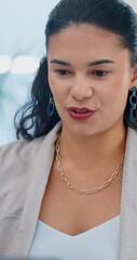 Aufkleber - Explain, laptop or video call with business woman in office for online communication or virtual meeting. Computer, hand gesture and webinar with happy corporate employee in workplace for training