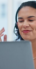 Poster - Call center, businesswoman and laptop with headset for consulting, advice and assistance with faq. Office, female person and consultant with technology for customer service, support and communication