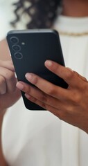 Aufkleber - Cellphone, hands and businesswoman in office with communication, contact or networking online. Phone, closeup and female creative designer with email for client feedback on magazine publishing.
