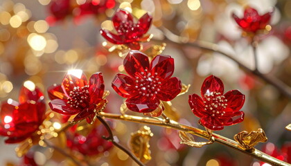 Aufkleber - Red crystal flowers sparkle on a golden branch with bokeh background art.