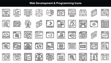 Web Development and Programming Icons Set – Coding, Software Engineering, Debugging, Binary, and Development Line Symbols