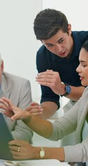 Aufkleber - Advice, partnership and laptop with people in meeting for reading, support and marketing campaign. Teamwork, feedback and growth with group of employees in office for branding project and planning