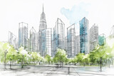 Watercolor art painting city scape Isolated or white background. Modern flat design. Futuristic technology concept. design illustration.