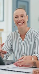 Poster - Laughing, idea and planning with business woman in office for research, discussion or feedback. Brainstorming, project update and support with employee in agency for report, funny and meeting