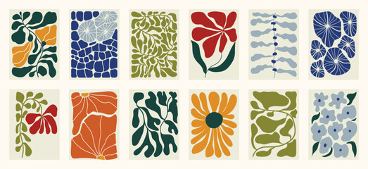 Aufkleber - Botanical doodle background art vector set. Flower and leaves abstract shape doodle art design for print, wallpaper, clipart, wall art for home decoration.
