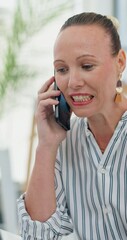 Aufkleber - Happy, business woman and discussion with phone call for negotiation or corporate advice at office. Female person, employee or financial advisor talking on mobile smartphone for conversation or chat