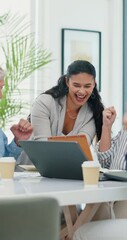 Leinwandbilder - Success, surprise and online with people in meeting for news, support and marketing campaign. Profit margin, engagement metric and applause with employees cheering in office for branding project