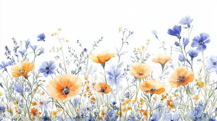 Wall Mural - Beautiful seamless floral water color pattern Set, watercolor wild flowers, leaves and grass,Collection botanic garden elements, isolated illustration in rustic or vintage style,copy space.