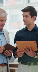 Fototapete - Research, tablet and planning with business people in office for teamwork, discussion or feedback. Brainstorming, project update and review with employees for digital report, progress and partnership